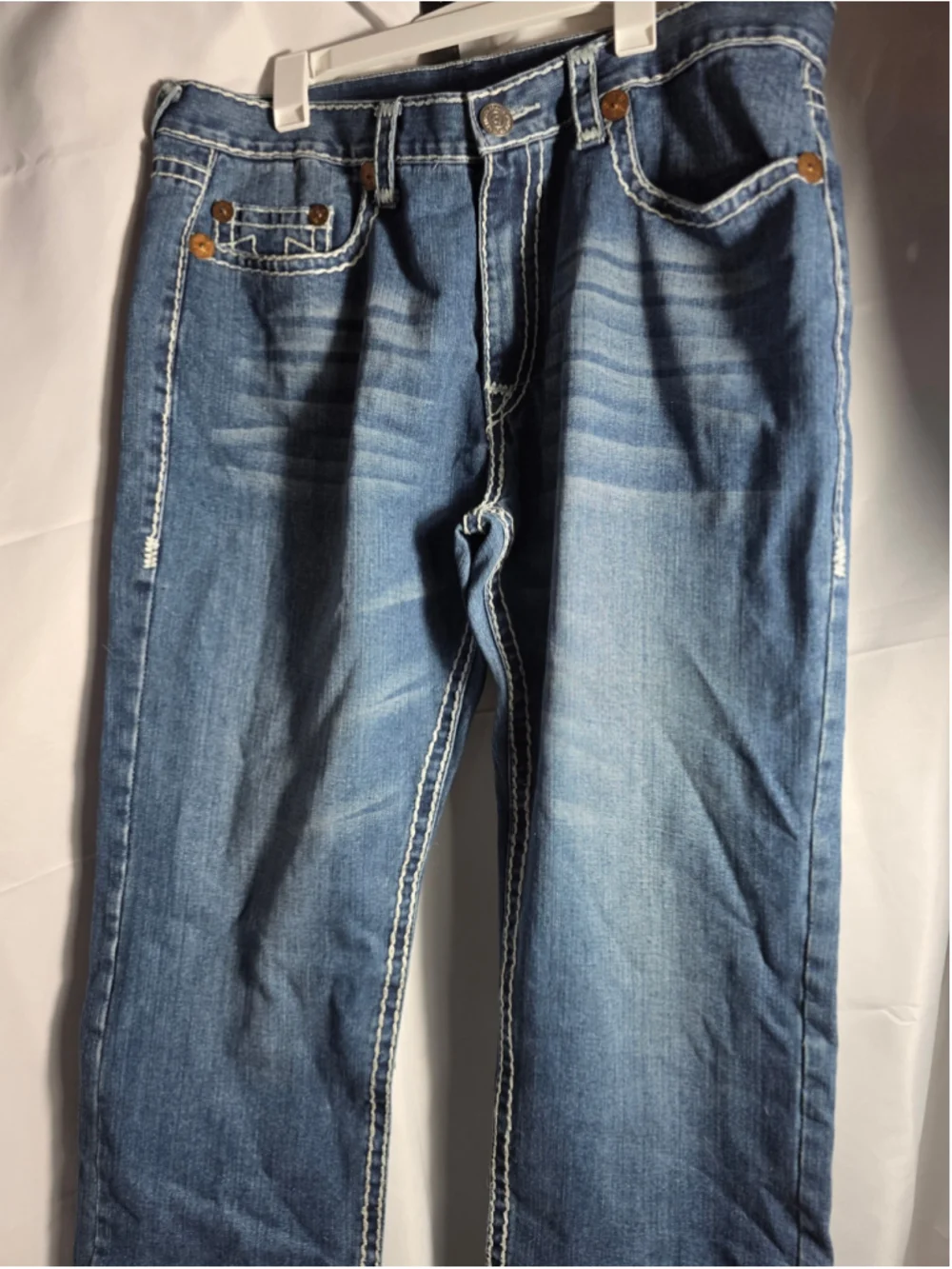 Men's True Religion Straight Jeans Waist 42 Blue White Designer preppy trendy